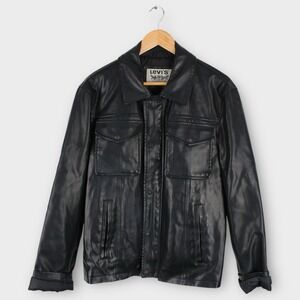 Levi's‎ Black Faux Leather Jacket Mens Medium Button Front Western Moto Style